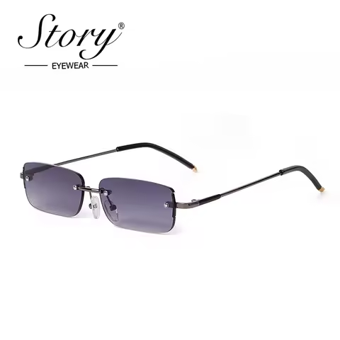 STORY Trendy Rivet Rectangle Frameless Sunglasses for Women Men Fashion Metal Small Frame Green Lens