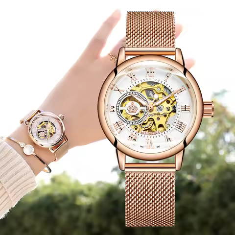 ORKINA Mechanical Women Bracelet Watch Skeleton Automatic Wristwatch Mesh Stainless Steel Band Femal