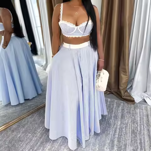 Two Pieces Women Dress Sets Striped Matching Set Lace CamisoleTank Top Empire Waist Ankle Length Ski