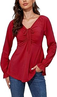 Long Sleeve T Shirt Women Cute Babydoll V Neck Top Empire Waist Ruched Front Tie Peplum Tunic Dressy