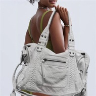 กระเป๋าโท้ทสะพายข้างผู้หญิงสไตล์สตรีท Y2K ล้างสี แฟชั่นย้อนยุคเก๋ไก๋ทันสมัย กระเป๋าถือบุโพลีเอสเตอร์