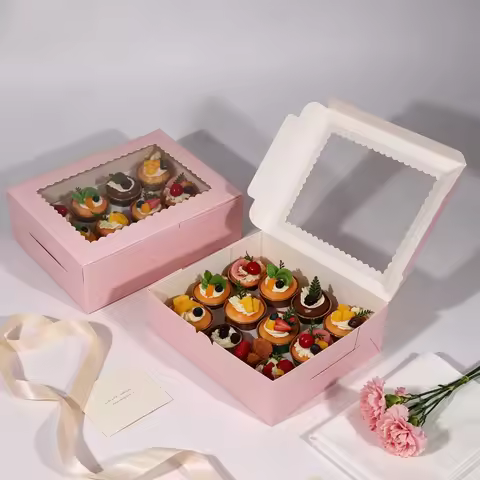 12 Cavity Pink Cupcake Box with Clear Scalloped Window, Paper Muffin Holder Box for Birthday Wedding