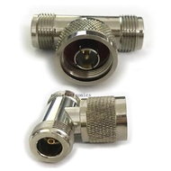 N Male to 2 N Female Jack T Type 3 Way Coax Cable Adapter Connector