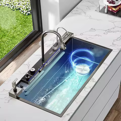100cm Modern China Luxury Multifunctional 304 Stainless Steel Smart Waterfall Single Bowl Kitchen Si