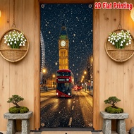 1pc 2D flat door banner door curtain Christmas Snowy London Scene Fabric Without Electricity Festive