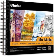 Mix Media Pad, Ohuhu Square 210 x 210 mm (Inner Size) Mixed Media Art Sketchbook, 120 LB/200 GSM Heavyweight Papers, 62 Sheets/124 Pages, Spiral Bound Mixed Media Paper Pad Gift