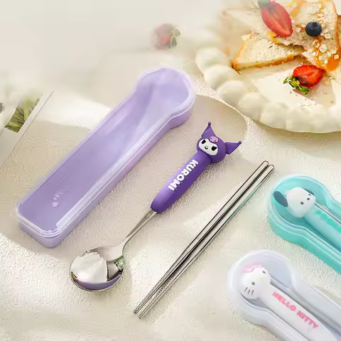 Hello Kitty Kuromi Spoon and Chopsticks Cute and Cartoon-Style Portable Cutlery Set