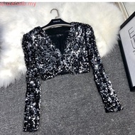 Trendy Glamorous Gold Sequined Long Sleeve Crop Jacket for Women Classy Clothes