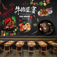 Custom 3D Western Fast Food Restaurant Black Background Wall Paper Modern Steak Cuisine Pattern Mura
