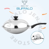 BUFFALO 32cm Round Bottom Long Handle Frying Wok | 3 Ply Stainless Steel 304 | With Cover 牛头牌32cm3层不