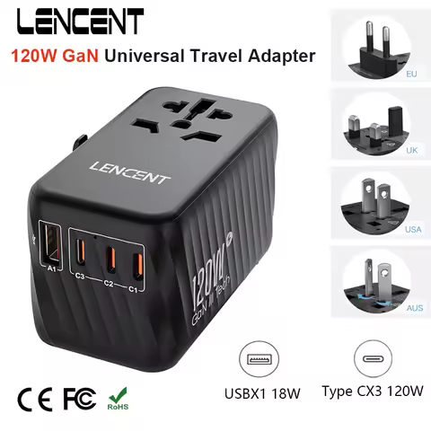 LENCENT 120W GaN Universal Travel Adapter with1 USB-A+3 Type-C Support PPS ,PD3.0 Fast Charger EU/UK
