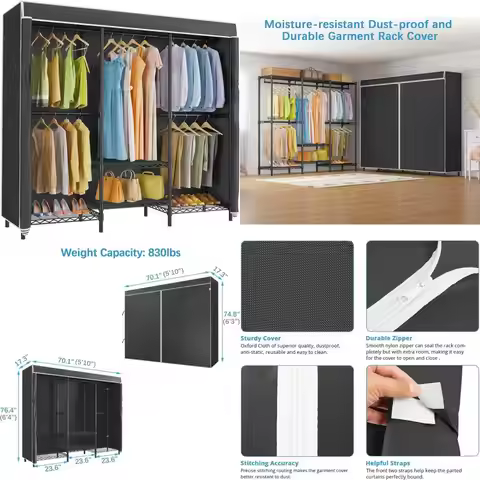 Sturdy V5C SE Metal Clothes Rack with Adjustable Shelves and Black Cover, Heavy Duty Wardrobe Closet