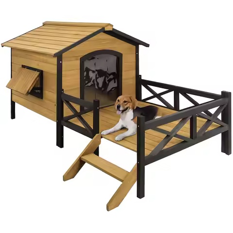 Large Wooden Dog House Weatherproof Elevated Outdoor Pet Shelter w/ Porch Deck 43.3"x69.9"x32.7", Cu