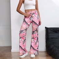 Quần ống loe cạp cao ôm vừa vặn màu hồng camo cho nữ, Thời trang dạo phố, Mùa thu