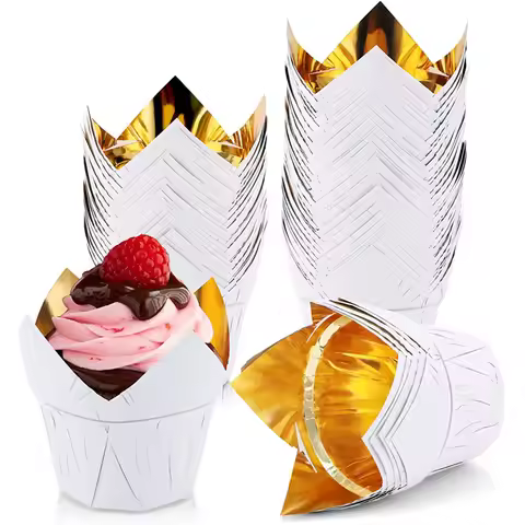 50Pcs Tulip Baking Cups Aluminum Foil Cups Cupcake Muffin Liners Creme Brulee Containers Party Decor