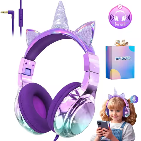 QearFun Kids Unicorn Headphones 3.5mm Wired Kids Headphones with Mic 85/94dB Safe Volume Limited Hea