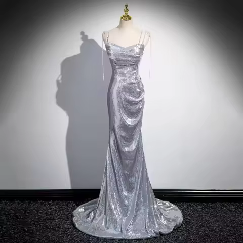 Silver Sequins Mermaid Evening Dress Shining Lace-up Back Prom Dress Real Pictures L&P DQL Studio