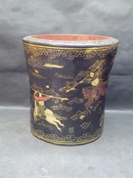 舊木漆器人物筆简(高17cm口徑16.3cm)