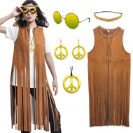 ATAMET 60s 70s Outfits for Women Hippie Costume Fringe Vest Faux Suede Tassel Vest Bohemia Headband 