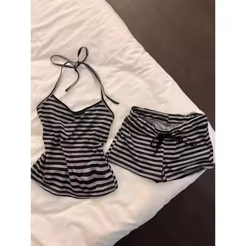Pajamas Comfortable Women's Summer Neck Suspender Set Loungewear 7924