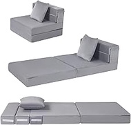 MeMoreCool Foldable Futon Chair Bed Sleeper for Kids, Toddler Sofa Bed Folding Mattress, Child Fold Out Couch Bed with Pillow, Convertible Foam Floor Sofa Sleeping Tri Fold Mattress Chair (Grey)