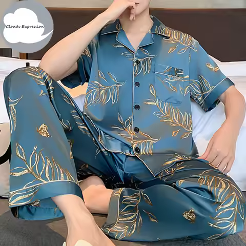 Summer 5XL Gentlemen Pyjamas Silk-like Loungewear Men's Pajama Sets Satin Pyjama Male Sleepwear Pjs 