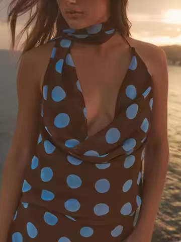 Zevity Women Chic V Neck Sleeveless Polka Dots Print Halter Smock Blouse Female Side Zipper Backless