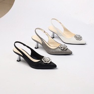 Slingback Shoes 5cm Sparkling Leather with Rose Stone H416