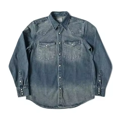 Non Stock Washed Denim Western Shirt 1950s Style Long Sleeve Horn Shirt For Men