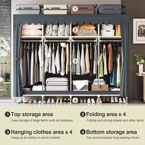 Portable Wardrobe clothes Closet Hanging Organization Metal Frame 4 Storage Compartments 4 Hanging R