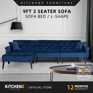 [FREE Shipping] KitchenZ 9FT Sofa 3 Seater Sofa Set Chesterfield L Shape Sofa Bed Velvet Fabric Sofa