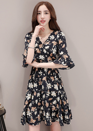 Đầm Hoa Cổ V Đầm Voan Tay Lửng Dễ Thương DN069 Hoa Lan Shop