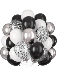 50 piezas, globos negros de 12 pulgadas con confeti plateado, globos blancos de 10 pulgadas con confeti plateado metalizado, globos plateados de cromo con helio para decoración de fiestas de cumpleaños, aniversarios, graduaciones y fiestas de fin de año, en combinación de globos en blanco y negro