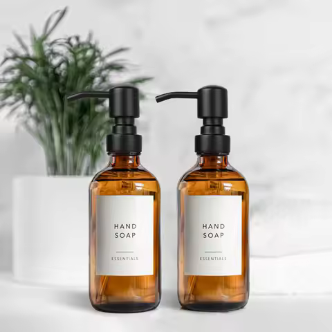 Pump Bottle Dispenser for Liquid Soap, Bathroom Hand Soap Dispenser, Amber Glass Soap and Lotion Dis