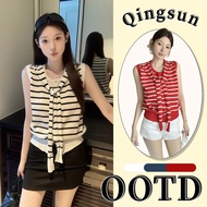 Qingsun Women's Striped Knitted Vest Sleeveless With Shawl Two-Piece Design Korean Style Slim Z080-0