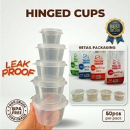 50pcs Hinged Sauce Cup Trigem Brand 0.5oz, 1oz, 2oz, 3oz, 4oz, 5oz Clear Hinged Sauce Gravy Cup