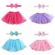 Girl Fuzzy Ball Tutu Skirt Bow Hairband Set Princess Festival Party Costume Accessories Decoration
