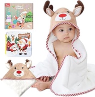 Newchin Christmas Baby Bath Gift Set, Baby Towel Gifts for Boys/ Girls/ Newborn/ Infant, Includes Hooded Towel, Bath Book, 3 Squishy Toys