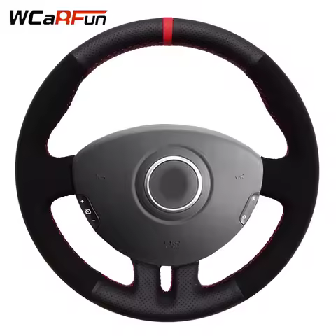 WCaRFun Black Leather Suede Red Marker Car Steering Wheel Cover for Renault Clio 3 2005-2013 Clio dy
