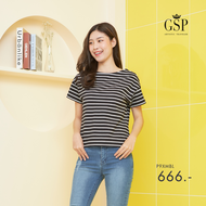 เสื้อยืด เสื้อยืดผู้หญิง GSP Blouse เสื้อยืดแขนสั้นลายริ้วสีดำขาว Lucky Stripes (P9XMBL)