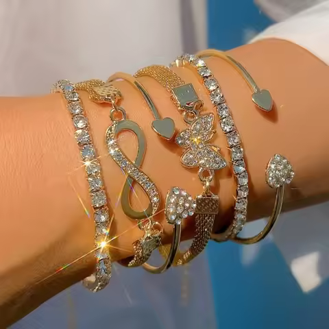 6pcs Vintage Gold Color Eight Word Butterfly Heart Bracelet Set for Women Punk Sparkling Rhinestone 