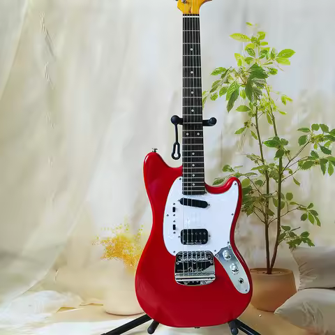 Mustang Electric Guitar with Bright Red Pearl Pickguard, Classic Compact Body, Solid Craftsmanship a