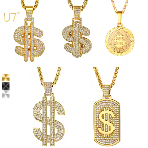 U7 US Dollar Sign Necklaces for Man Woman White CZ Paved Setting Size S/M/L Dollar Sign Pendant Goth