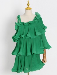 ชุดเดรสวินเทจสีแดง VGH สำหรับผู้หญิงเสื้อผ้าที่สง่างามชุดกระโปรงแบบสั้นมินิผ้าจับจีบใช้ตกแต่งปะติดปก