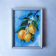 檸檬是一件藝術品。檸檬樹原畫。帶有水果畫的廚房牆壁裝飾