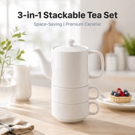 MBB 3‑in‑1 Stackable Ceramic Teapot with 2 Cups（700ml Pot + 2PCS 280ml）Stack‑Up Design to Tea Coffee