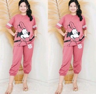 Setelan One Set Joger Jumbo Oversize Atasan Lengan Pendek Celana 7/8 Premium Ada Saku Kanan Kiri Sab