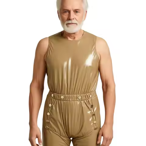 Mens Waterproof Bodysuit Buttons Openable Crotch Glossy PVC Leather One-piece Romper Jumpsuit Novetl