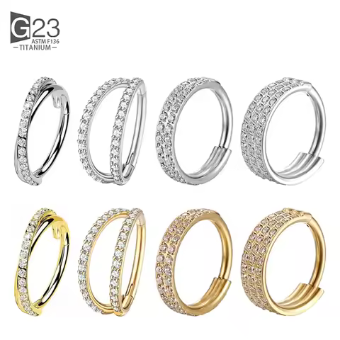 G23 Titanium Piercing Double Layered Triple Stack Hinged Zircon Nose Ring Helix Cartilage CZ Small C