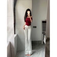 seluar bootcut woman seluar jeans perempuan jeans women White High-Waist Skinny Jeans with Button - 